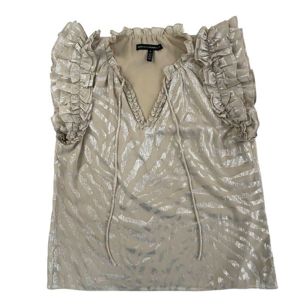 White House Black Market Ruffled Cap Sleeve Split Neck Metallic Top M Silver Tan